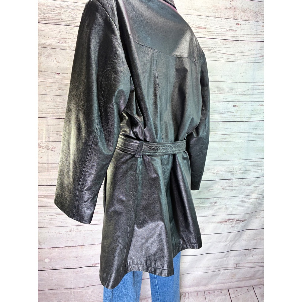 Y2K Vintage Midnight Velvet Belted Zip Leather Jacket Grunge Trench Large Black - Picture 2 of 8